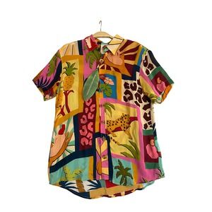 Farm Rio Tropical Collage Pajama Shirt Men XS Button Up Festival Resortwear NWT